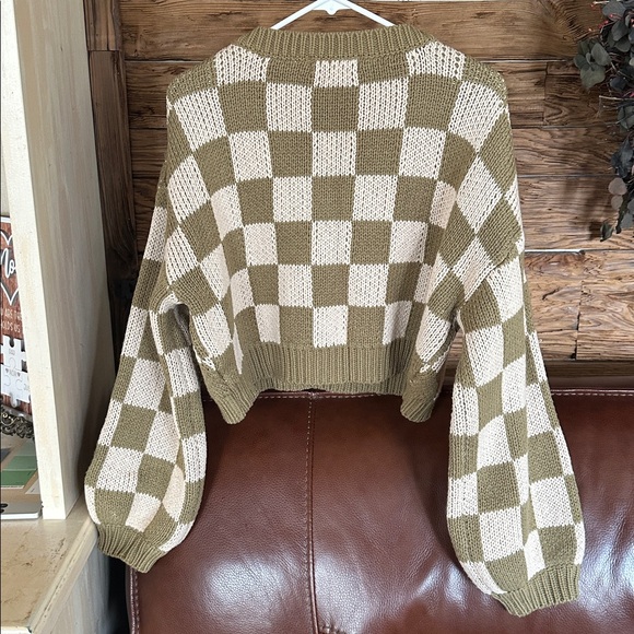 Ganni Olive and Cream V-Neck Checkered Sweater - Picture 2 of 2